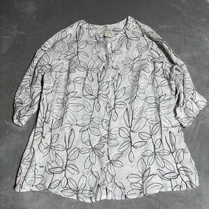 Cynthia Rowley Top Womens 1X Linen Button Up Tunic Leaf Print Beach Lagenlook